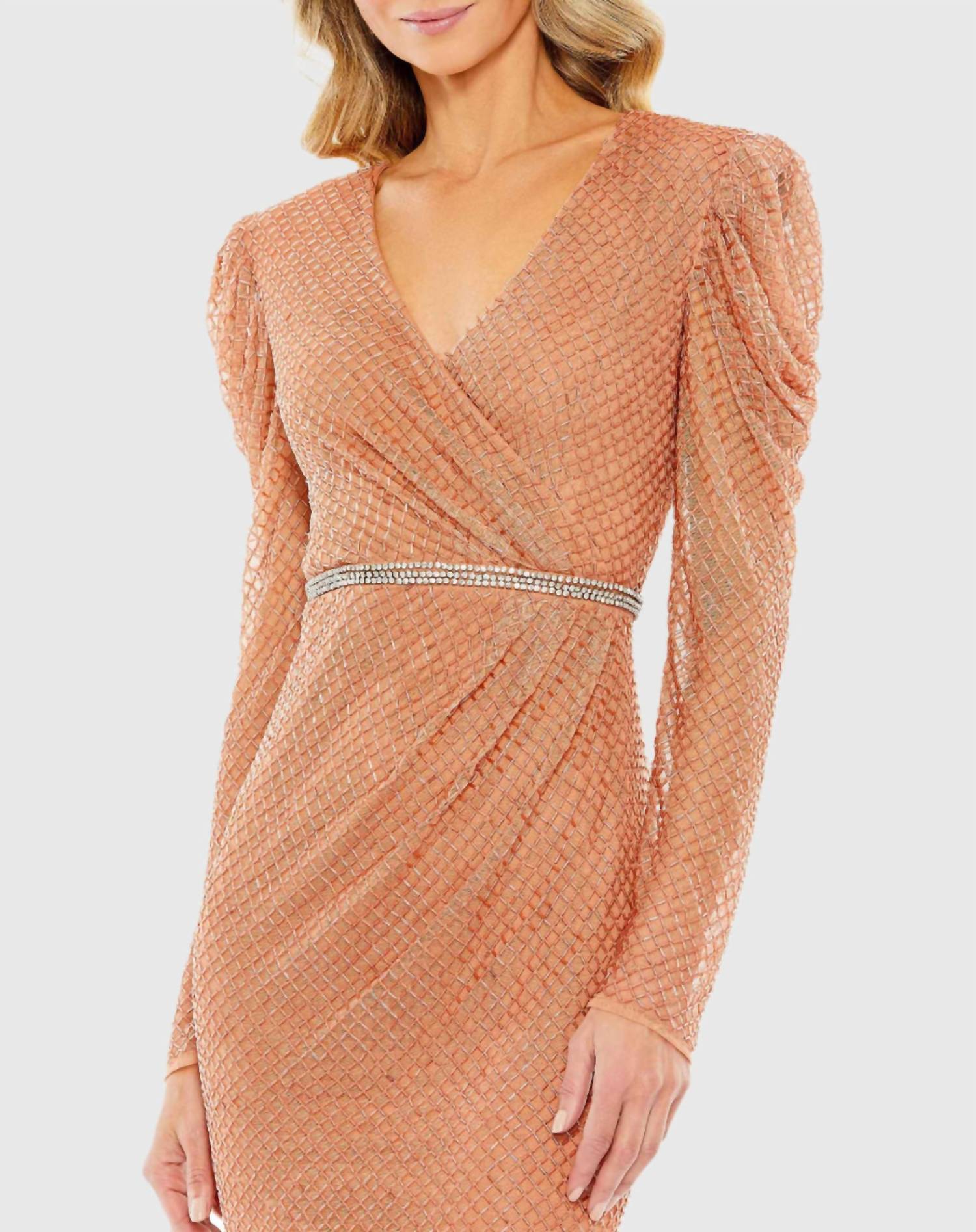 Mac Duggal - Beaded Wrap Over Puff Sleeve Dress