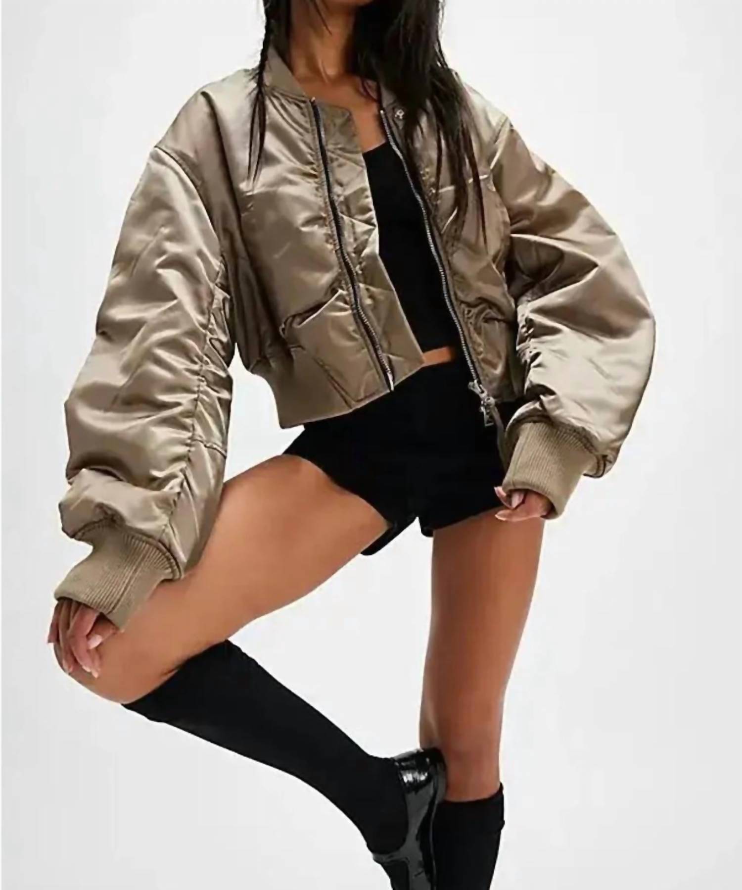 Agolde - Cropped Satin Jett Bomber Jacket
