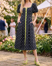 Entro - Polka Dot Puff Sleeve Midi Dress