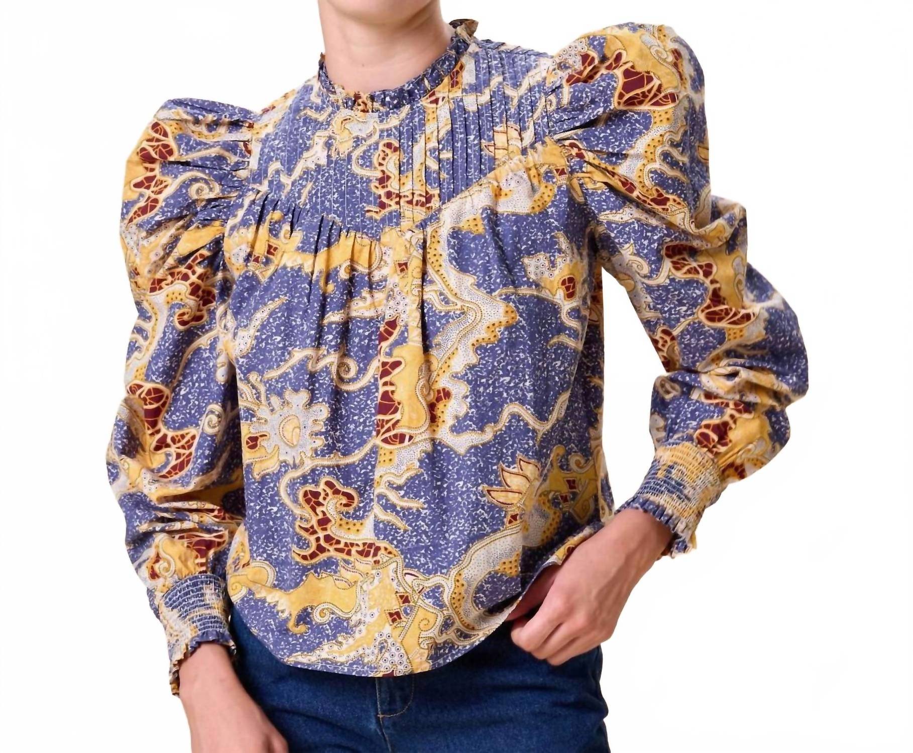 Cleobella Irina Ruffle Sleeve Blouse in blue castello - women's blouse
