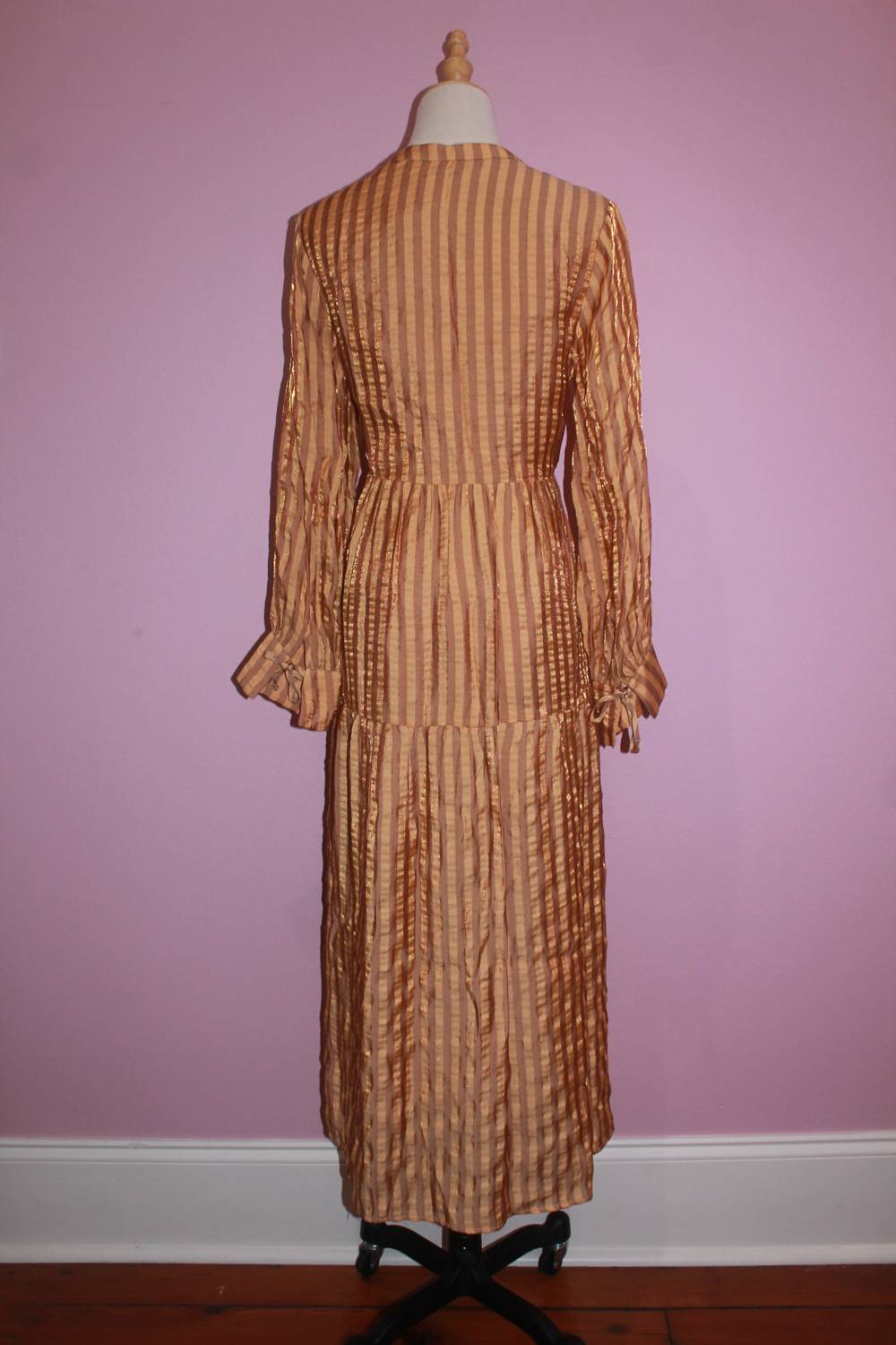 TCEC Women's Striped Button Up Maxi Dress in taupe - women's dress - detail view