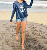 Wooden Ships Anchor Crew Sweater in blue mykonos striped - women's sweater - detail view
