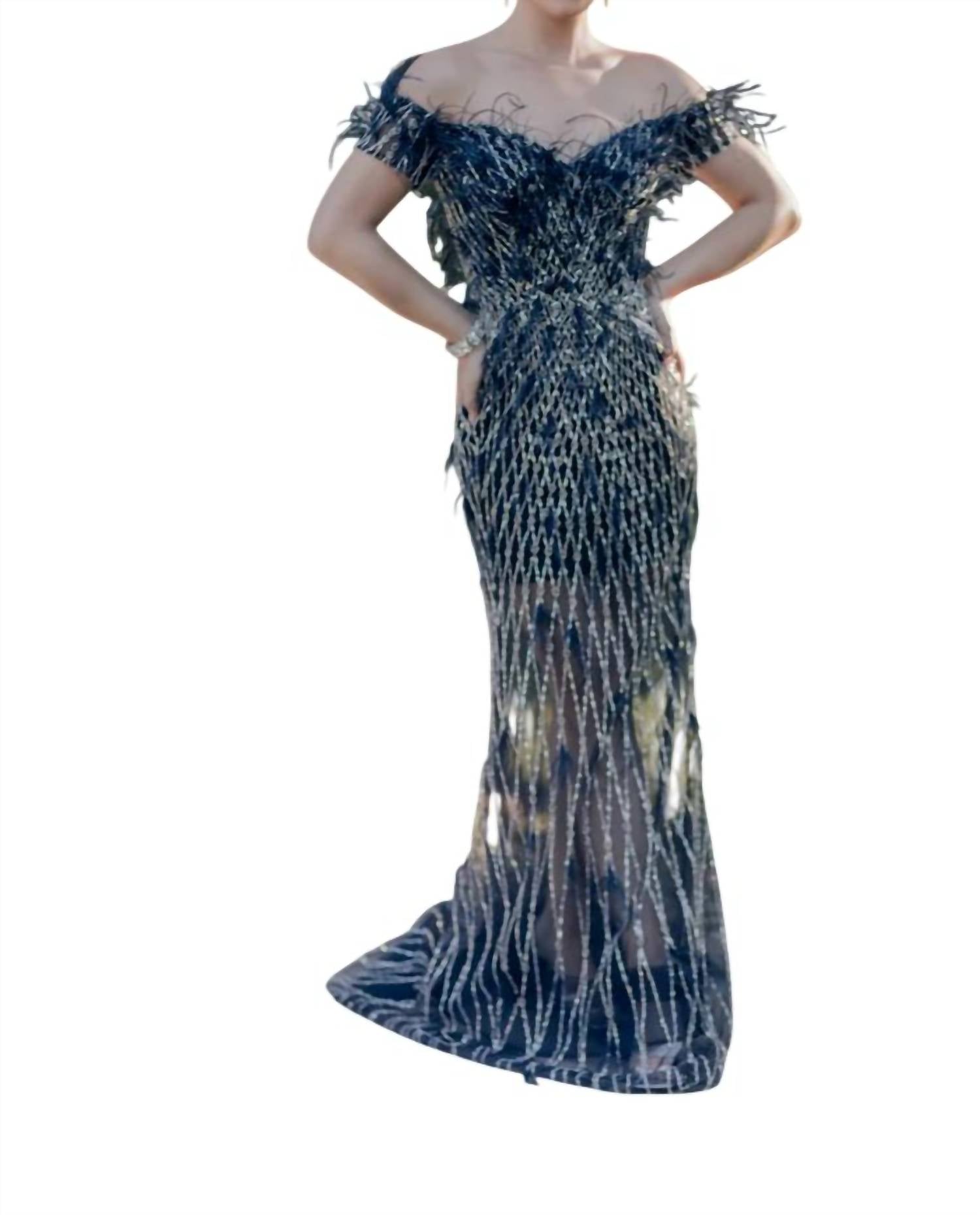 Terani Couture Off Shoulder A-line Feathered Sheer Skirt Long Dress in navy - women's dress - alternate view