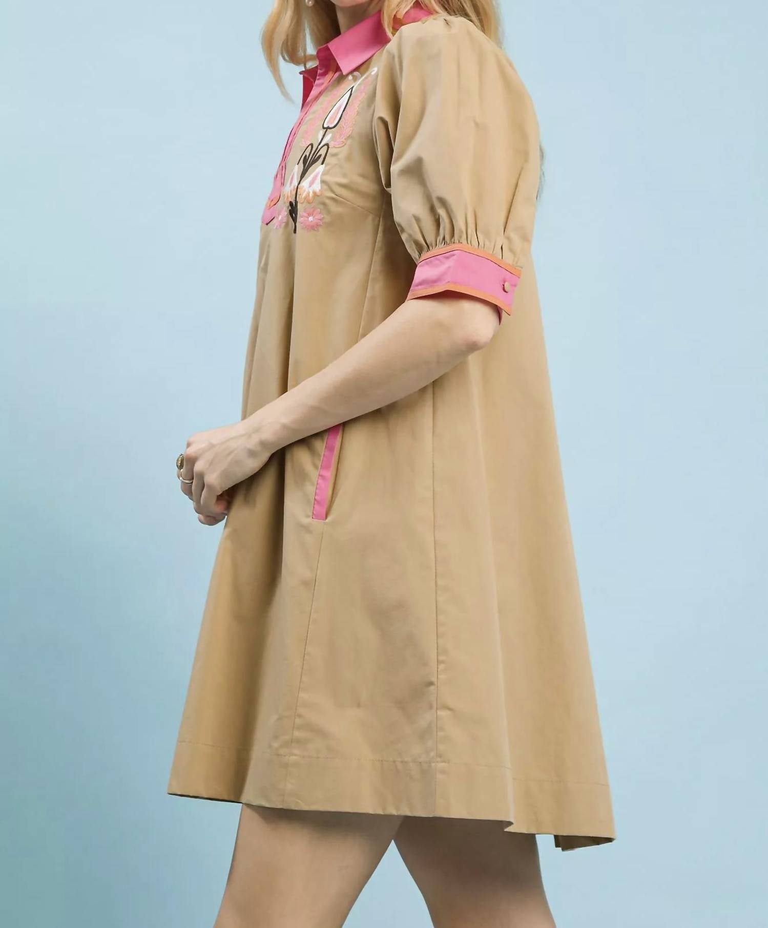 Umgee - Embroidered Contrast Trim Tunic Mini Dress