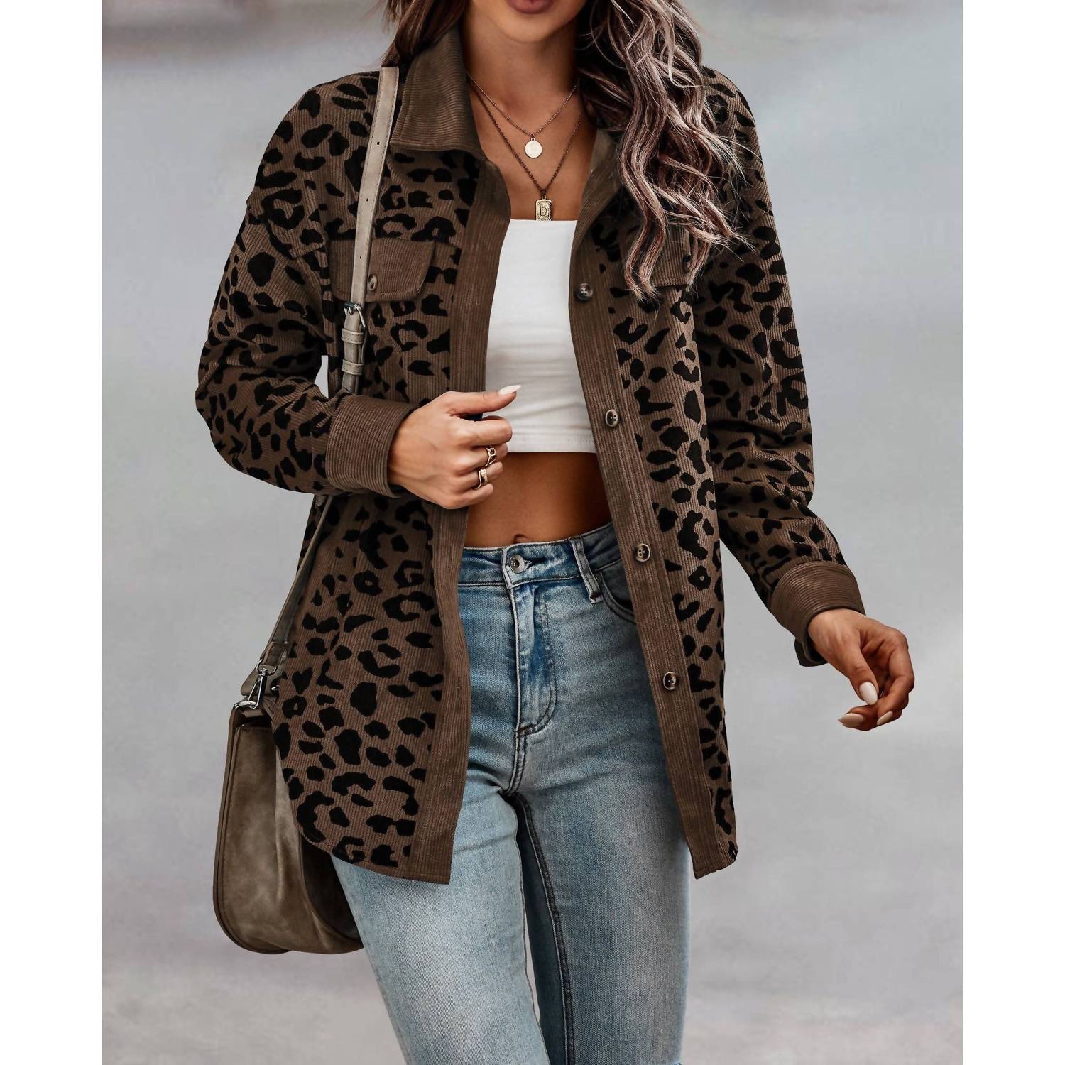 Elook - Corduroy Printed Shirt Jacket Shacket