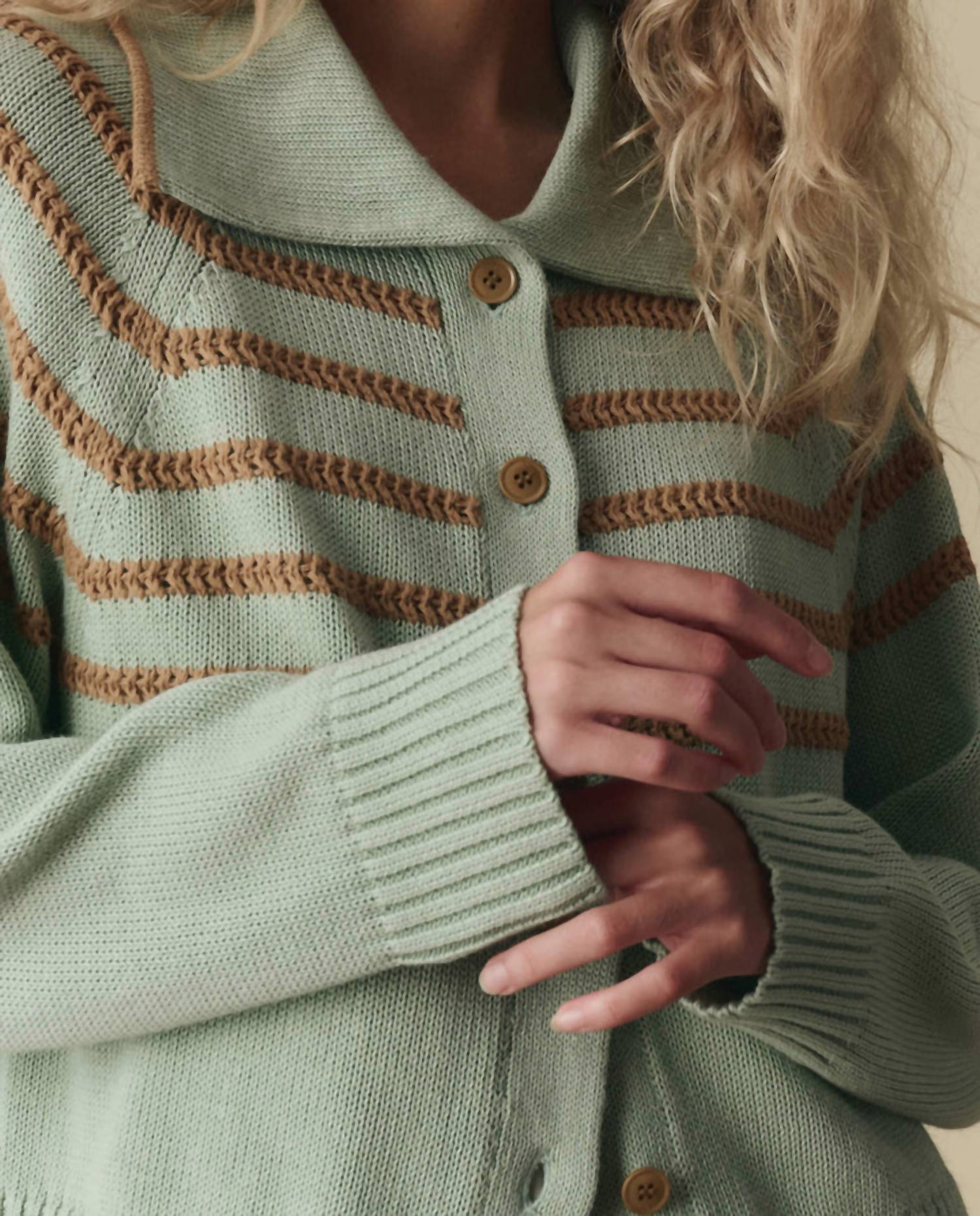 The Great. - Scholar Cardigan with Crochet Stripes