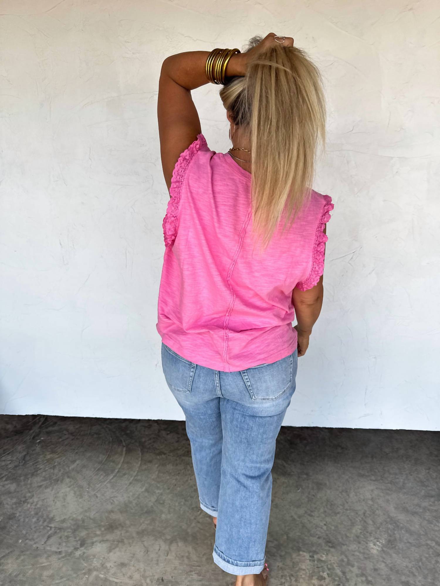 BLAKELEY Sweet Lace Days Short Sleeve Tee in pink - women's blouse - detail view