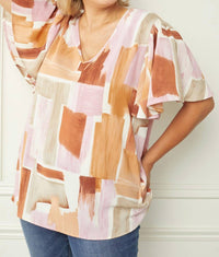 entro Flutter Sleeve V Neck Blouse in multi - women's blouse - detail view