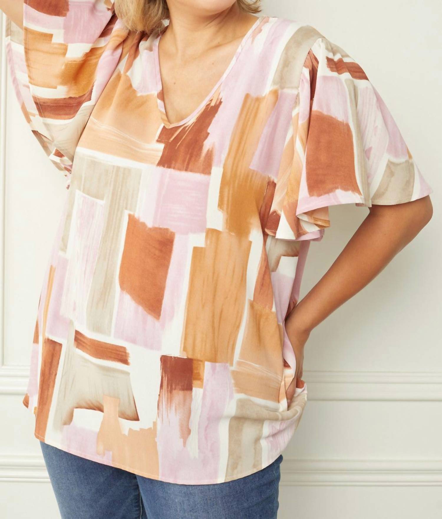 entro Flutter Sleeve V Neck Blouse in multi - women's blouse - detail view
