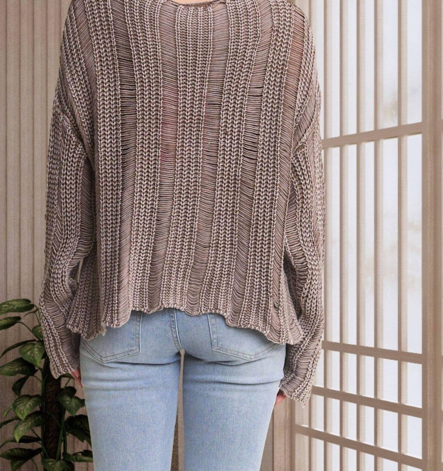 ADORA Mineral Wash Loose Knit Pullover Sweater in mocha - women's sweater - detail view