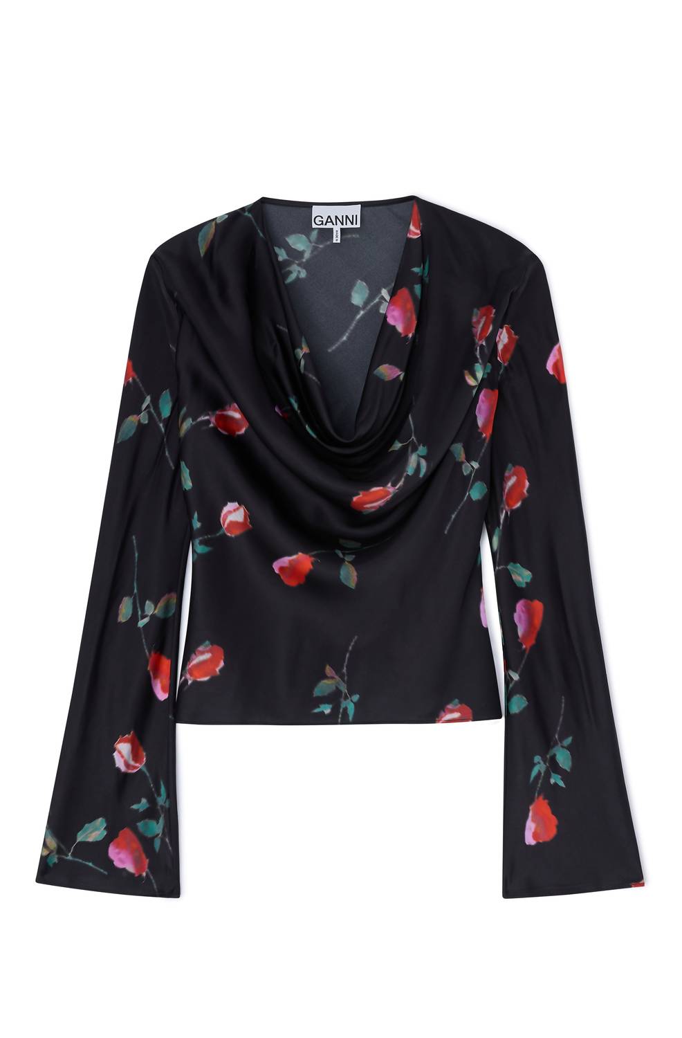 GANNI Printed Stretch Satin Blouse in black - women's blouse - alternate view