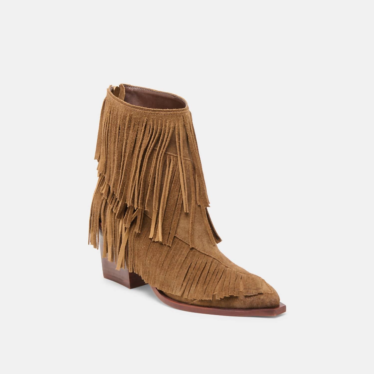 Dolce Vita Women's Torey Fringe Bootie in chestnut suede - women's shoe - detail view