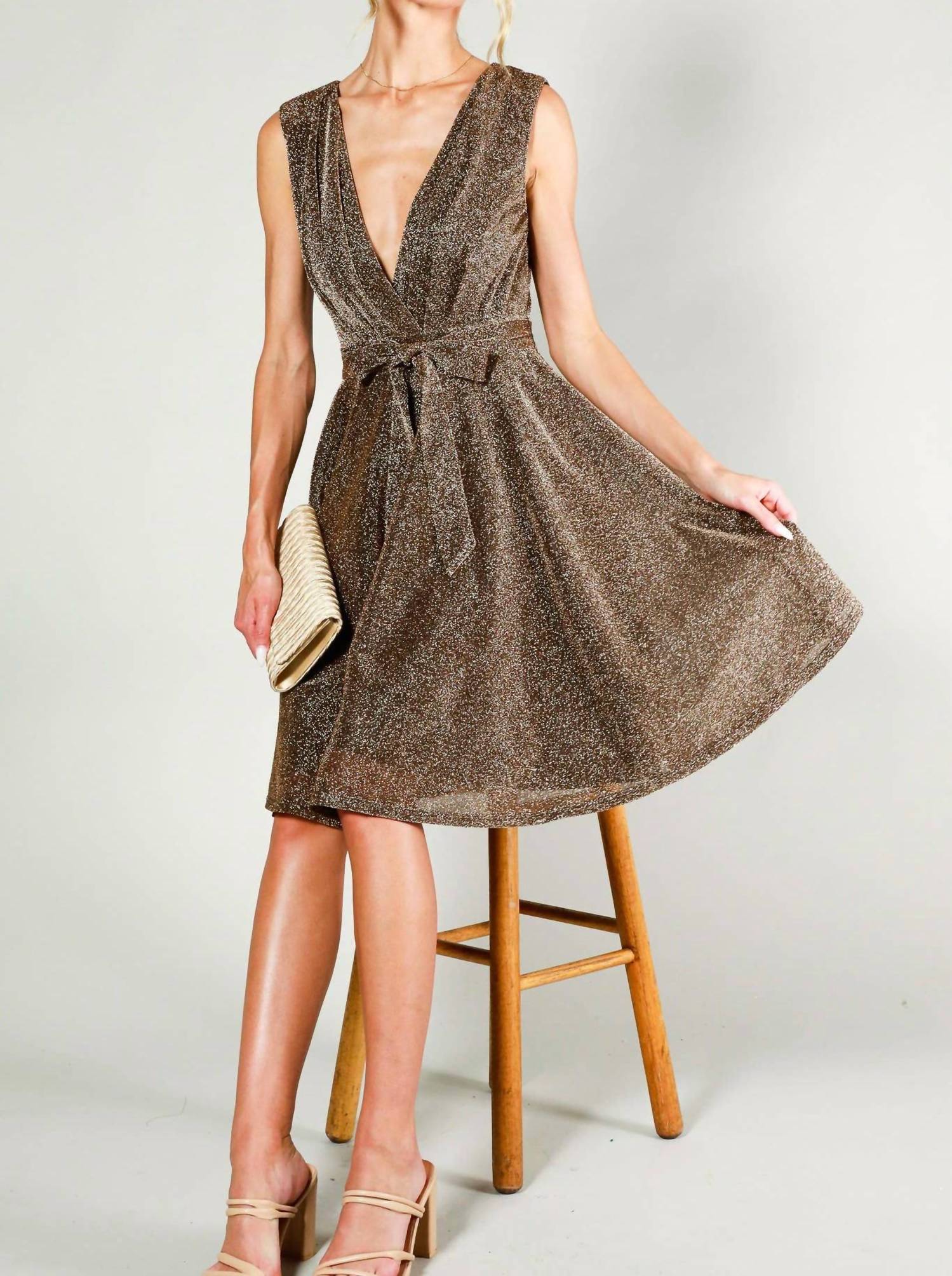 Vine & Love Surplice V-neck Sleeveless Tie Waist Dress in bronze - women's dress - view 5