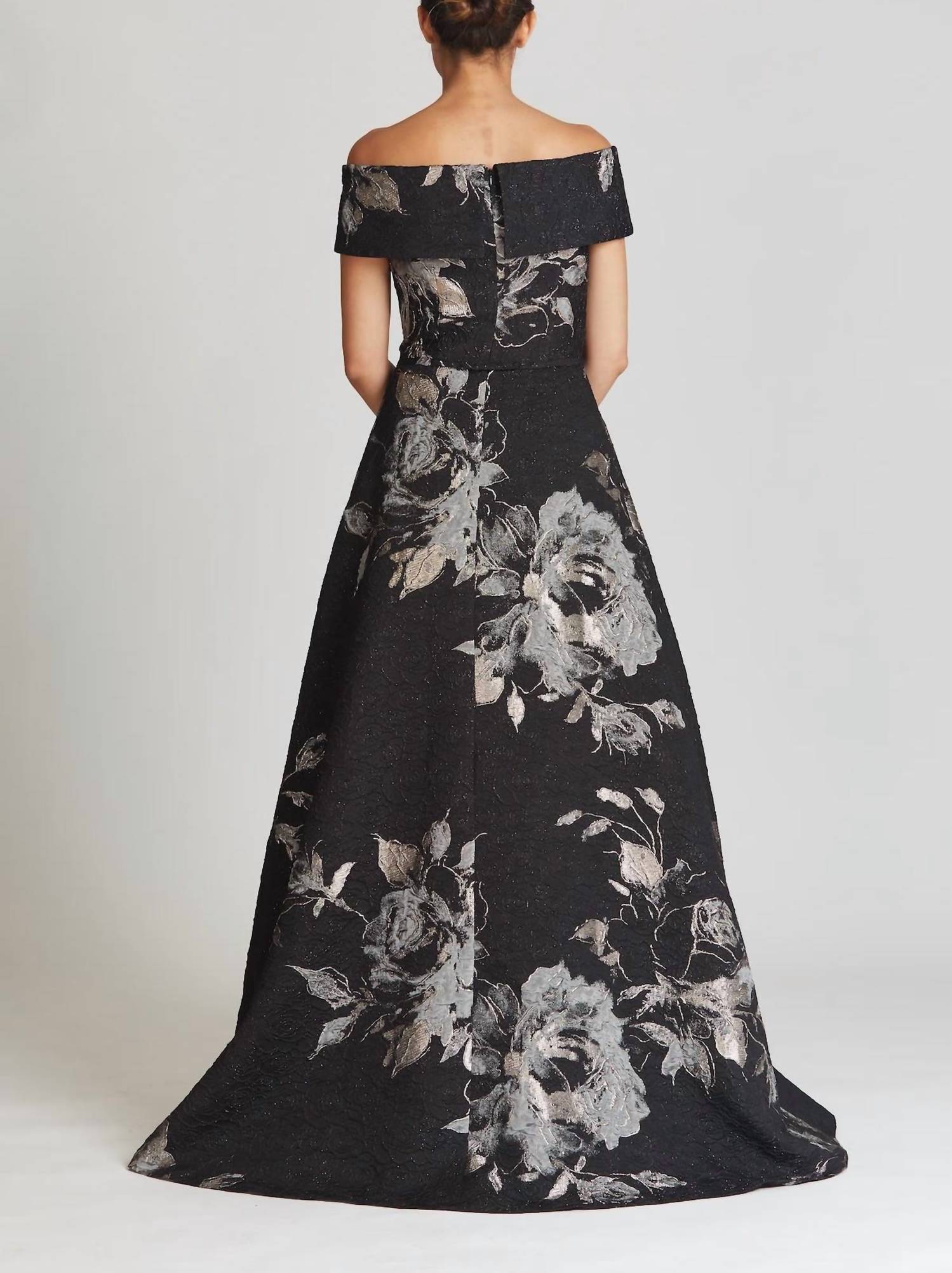Teri Jon - Floral Pattern Jacquard Off The Shoulder Gown