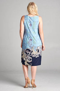 Emerald Collection Watercolor Wash Fitted Sleeveless Knee Dress - Plus in blue - women's dress - detail view