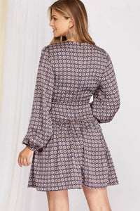 SHE + SKY Sammi Long Sleeve Diamond Print Dress in blue - women's dress - alternate view
