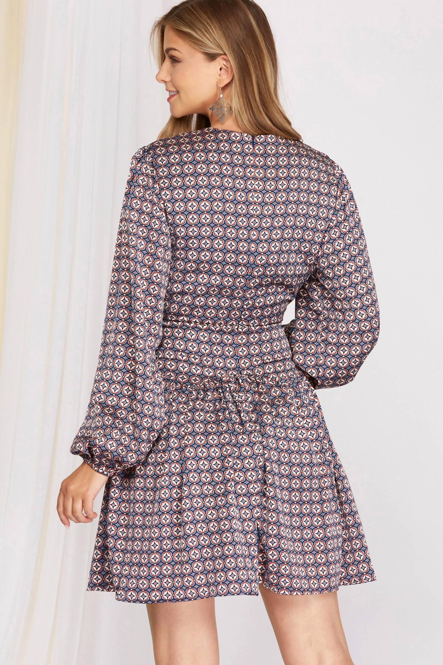 SHE + SKY Sammi Long Sleeve Diamond Print Dress in blue - women's dress - alternate view