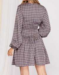 SHE + SKY Sammi Long Sleeve Diamond Print Dress in blue - women's dress - detail view