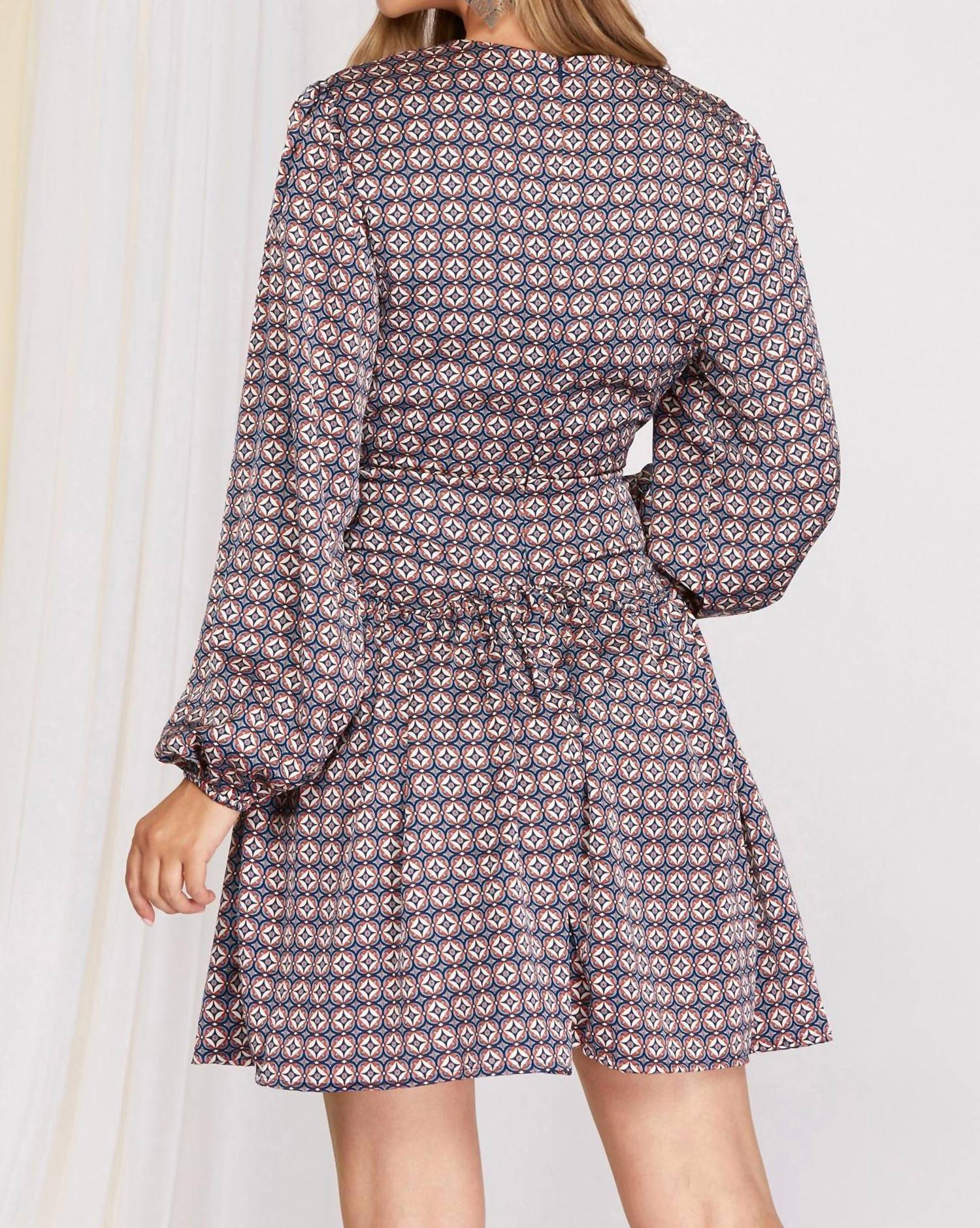 SHE + SKY Sammi Long Sleeve Diamond Print Dress in blue - women's dress - detail view