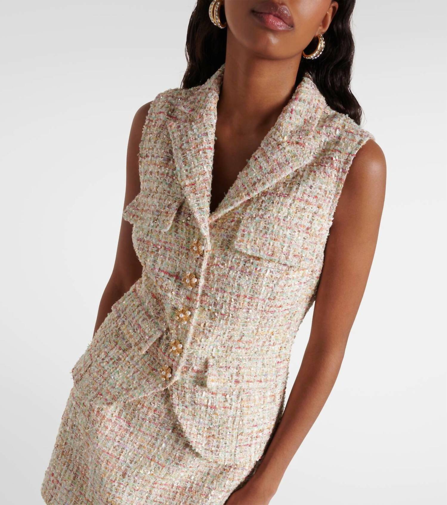 self-portrait Embellished Bouclé A-line Mini Dress in cream - women's dress - detail view