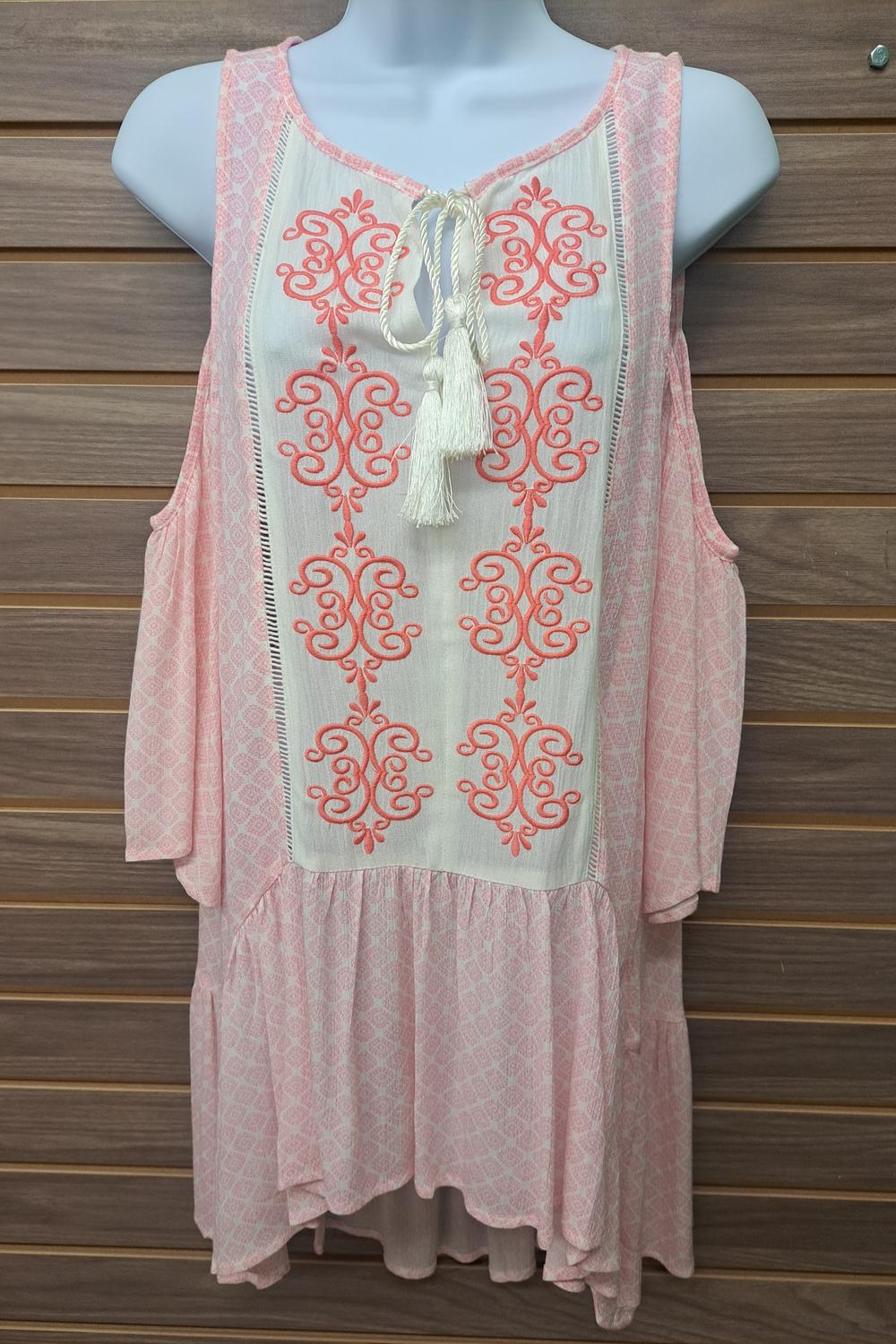 Soieblu - Women's Cold Shoulder Pink Embroidered Tunic