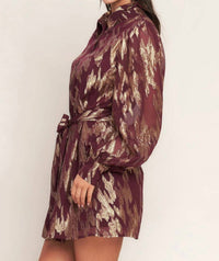 Flying Tomato - Muse Metallic Print Long Sleeve Collared Mini Dress