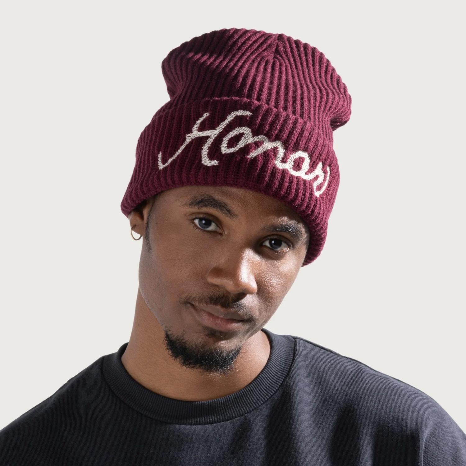 HONOR THE GIFT Men's Heavy Knit Beanie in berry - men's hat - detail view