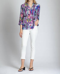 Apny - Brush Stroke ¾ Sleeve Mandarin Collar Button Up Blouse