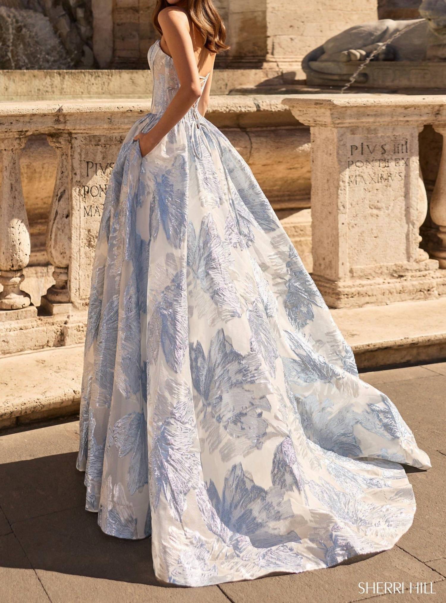 Sherri Hill Strapless Brocade Corset Bodice Gown in blue - women's dress - alternate view