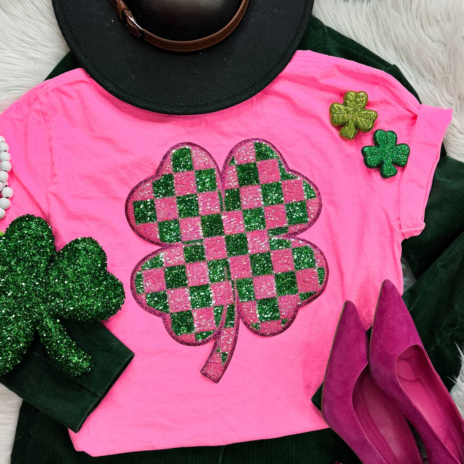 Trendy Tee Co. - Neon Pink Checkered Shamrock Sequin Patch Tee