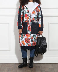 Luxe Moda Floral Hooded Coat in denim black - women's jacket