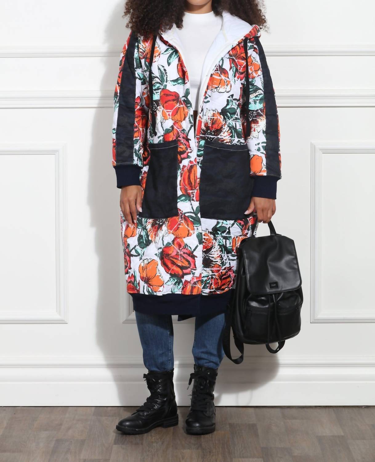 Luxe Moda Floral Hooded Coat in denim black - women's jacket
