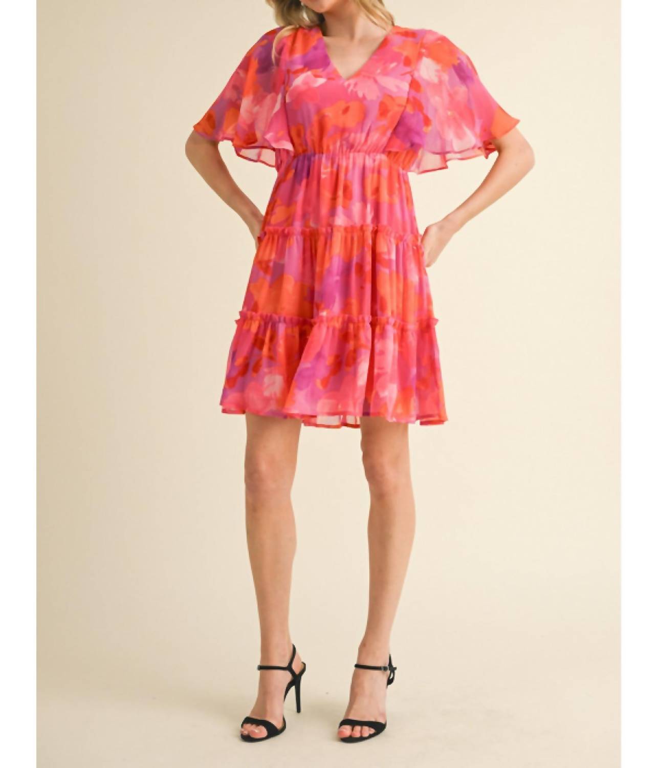 Jodifl - Floral Print Chiffon V-neck Dress With Short Bell Sleeves