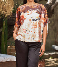 PAPARAZZI Border Print Top With Keyhole Sleeves in peach - women's blouse