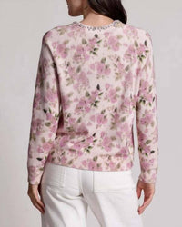 Minnie Rose Cotton Cashmere Printed Crewneck Sweater in lotus - women's sweater - detail view