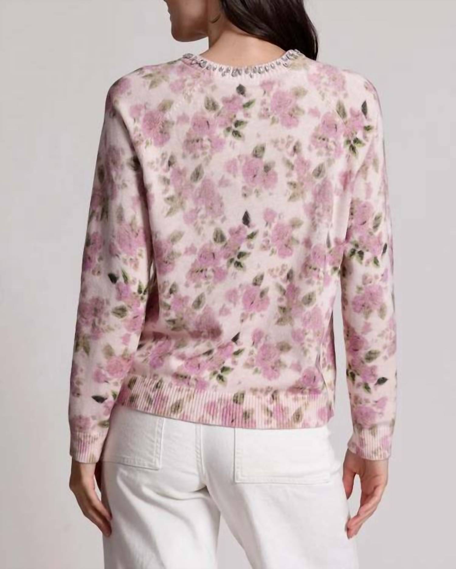 Minnie Rose Cotton Cashmere Printed Crewneck Sweater in lotus - women's sweater - detail view