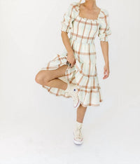 Storia - Plaid Smocked Midi Dress