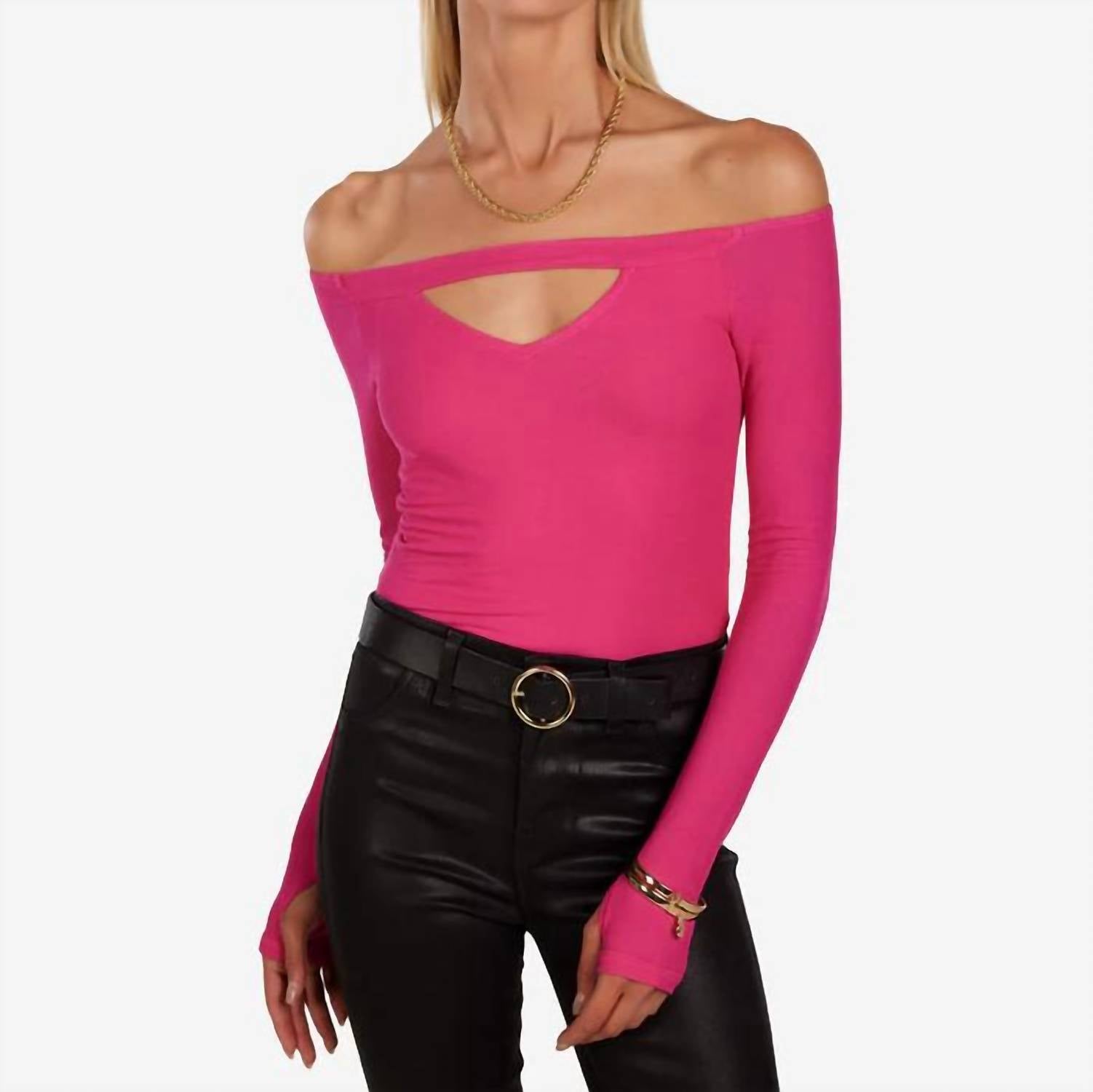 MICHAEL LAUREN Norbert Open Shoulder V Keyhole Top in dark pink - women's long sleeve top