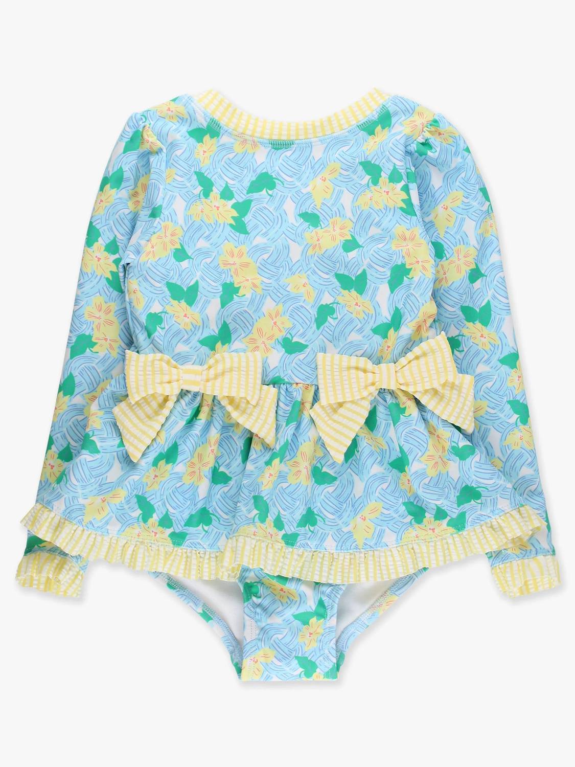 Rufflebutts - Long Sleeve One Piece Bow Peplum Rash Guard Swimsuit