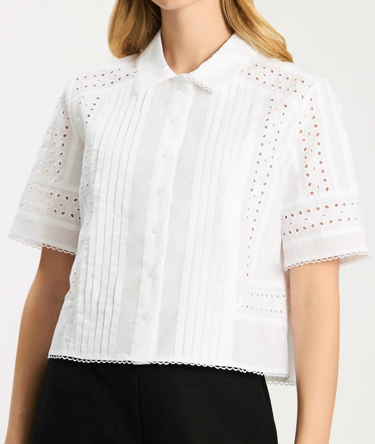 Tyler Boe Sabrina Pleated Eyelet Shirt in white - women's blouse