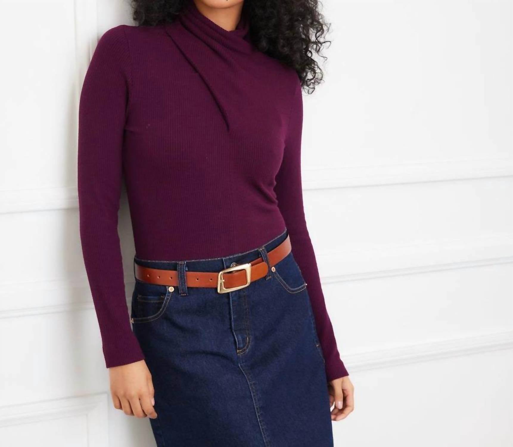 Karen Kane Ribbed Faux Wrap Turtleneck Top in eggplant - women's long sleeve top - view 4
