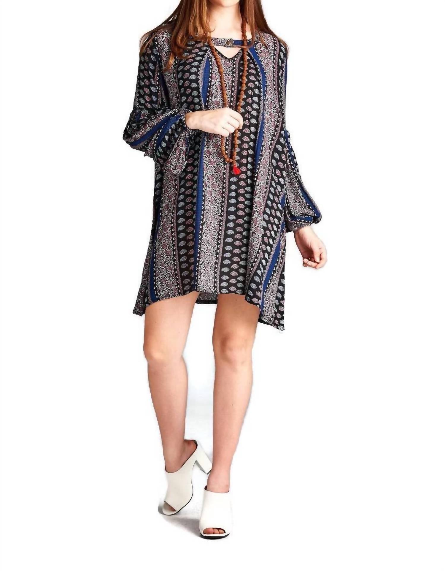 Velzera - Floral Paisley Keyhole Neckline Mini Dress