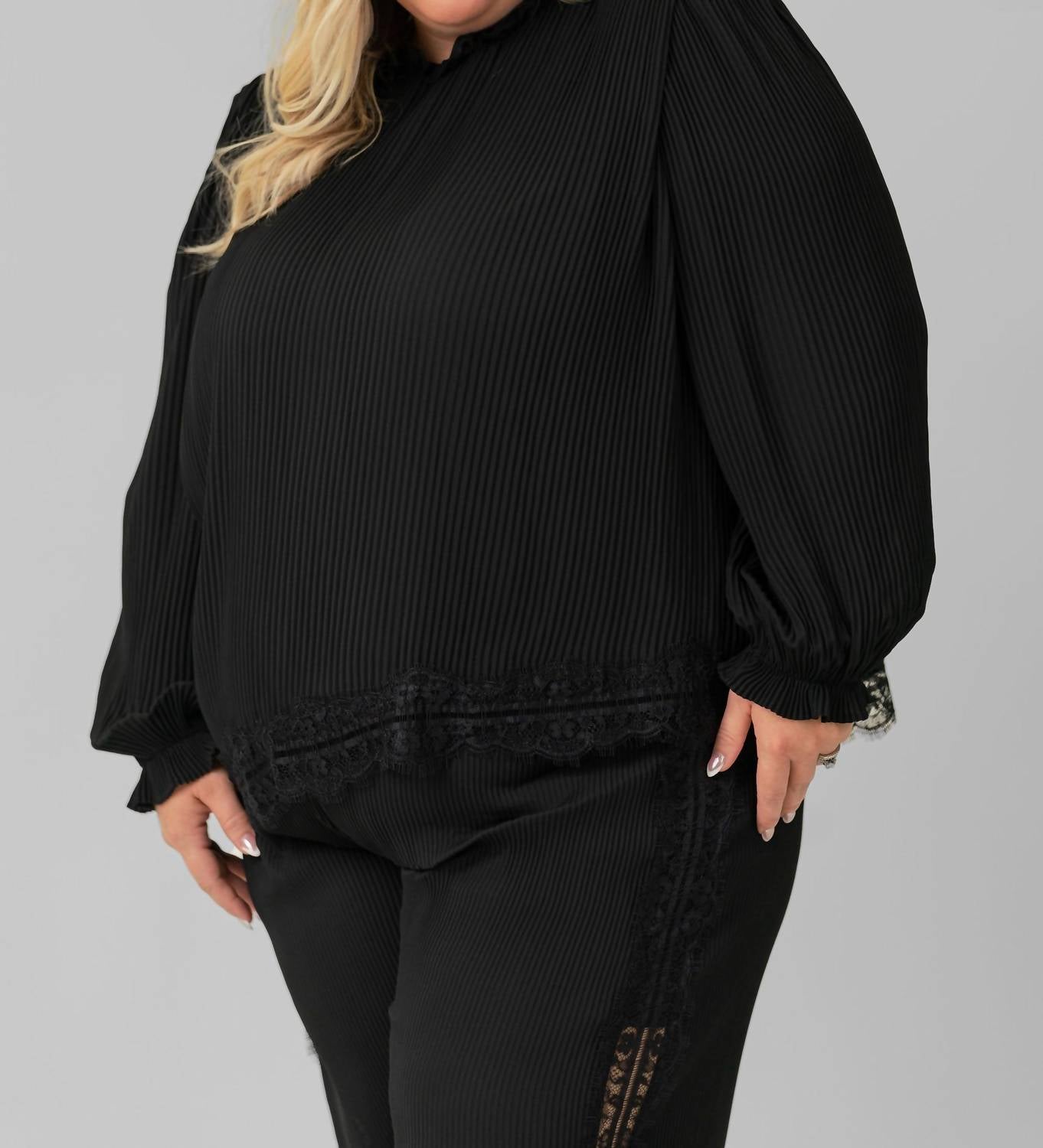 Mat Fashion - Pleated Lace Trim Blouse