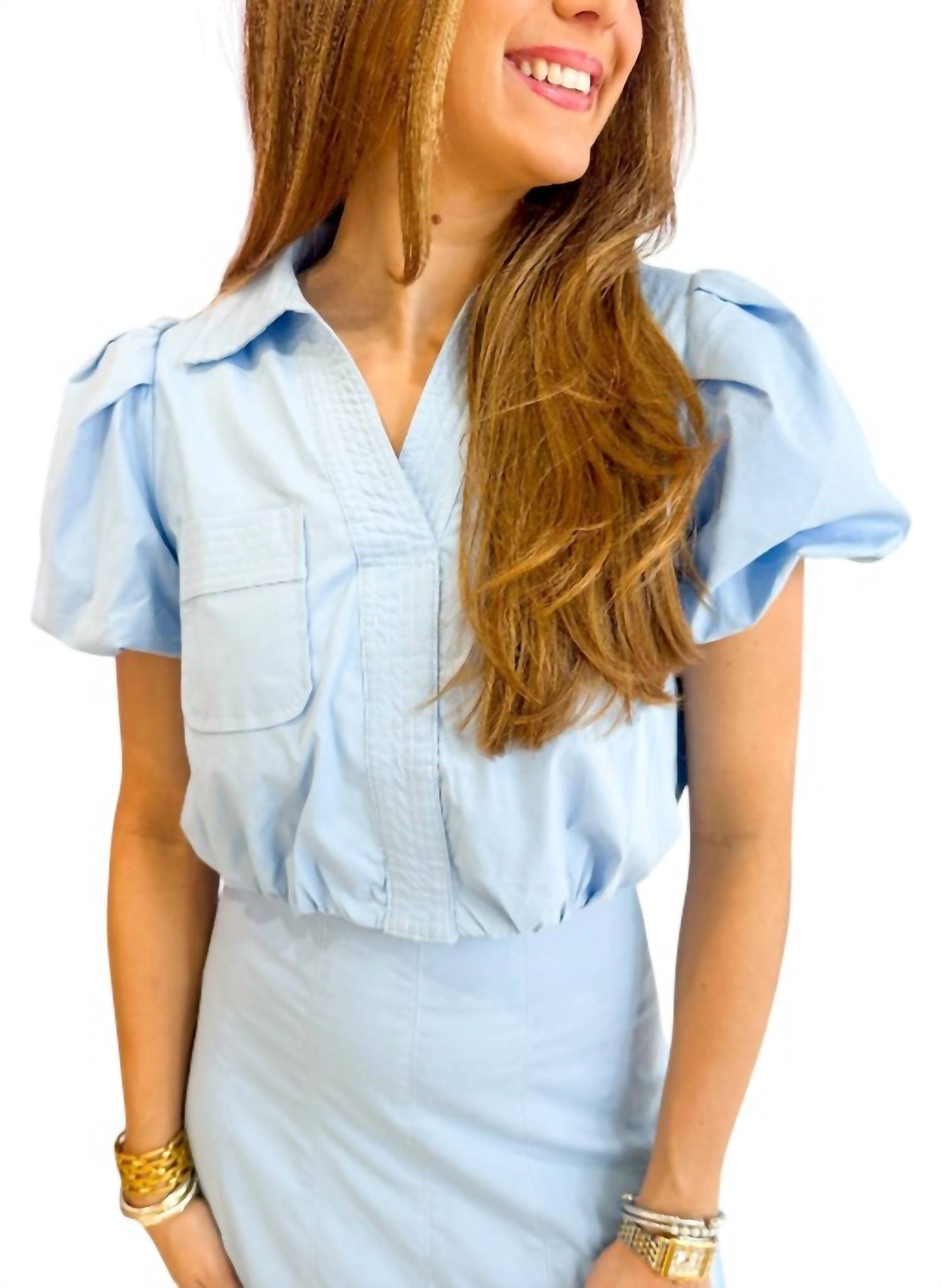 TCEC Bubble Sleeve Detail Top in baby blue - women's blouse