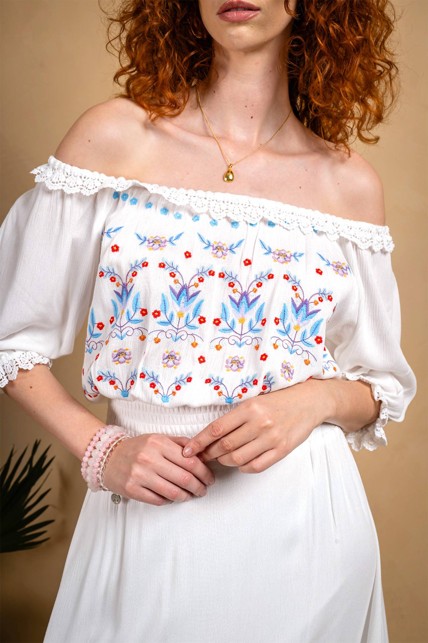 Paparazzi - Embroidered Rayon Crinkle Peasant Top