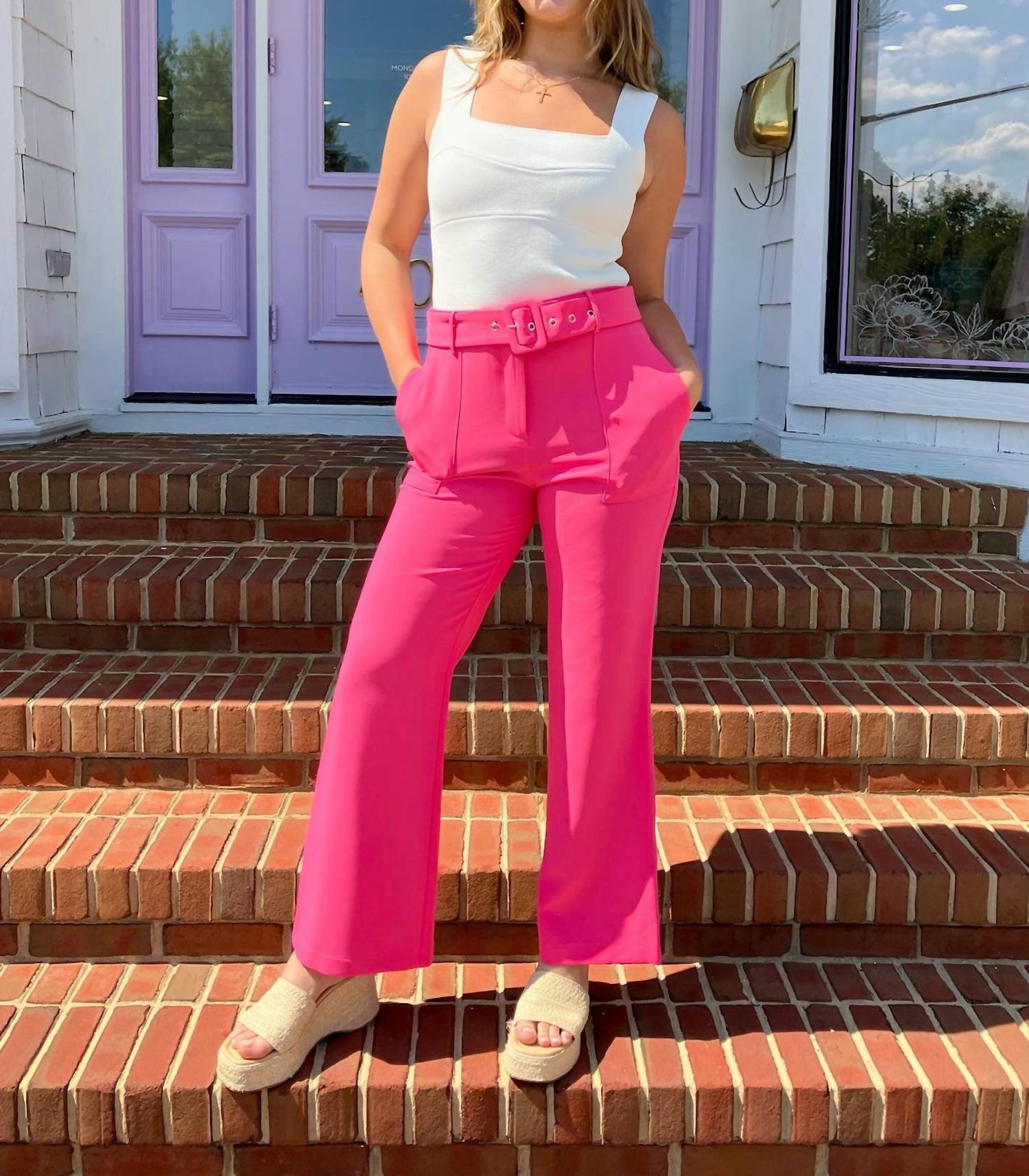 adelyn rae Flamenco High Rise Belted Trousers in pink - women's pants - view 4