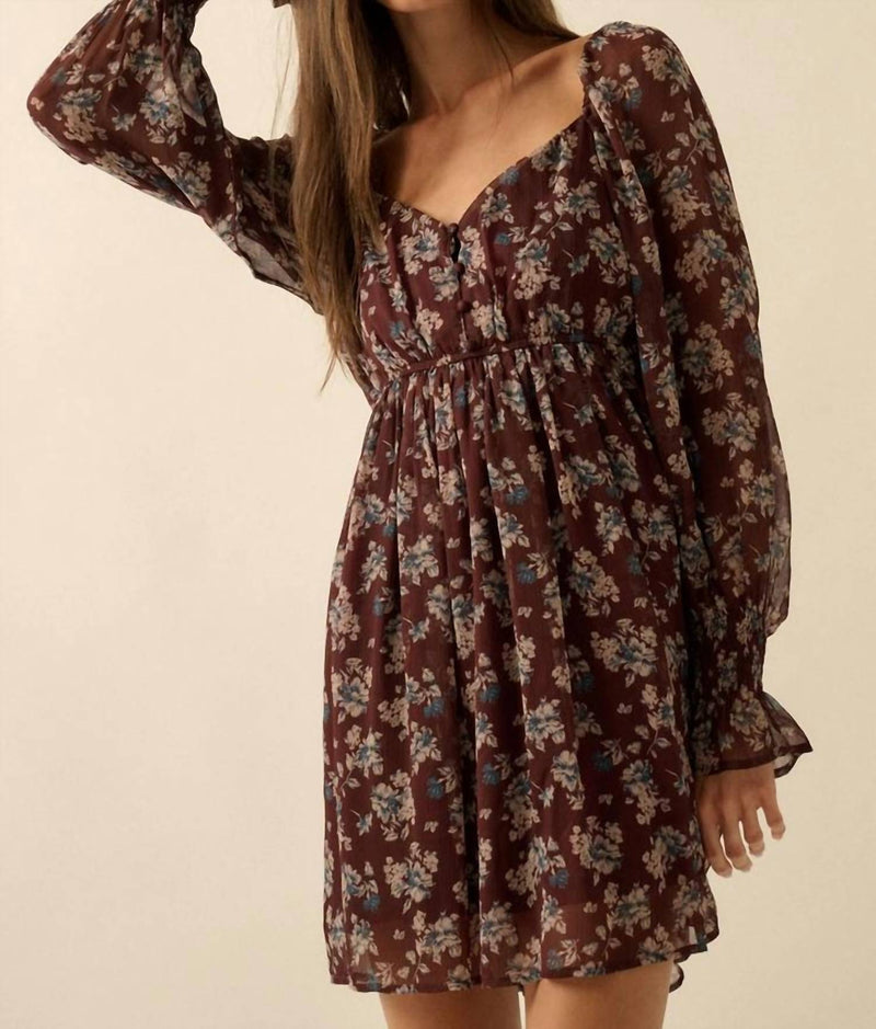 chiffon peasant dress Blooming Fields Floral Chiffon Peasant Mini Dress Baked Plum / S