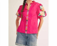 Jodifl Floral Embroidered Puff Sleeve Top in fuchsia - women's blouse