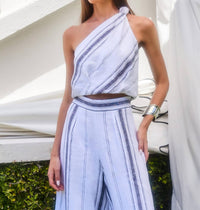Fifteen Twenty VANITA BEACH STRIPE LINEN ONE SHOULDER TOP in white - women's blouse