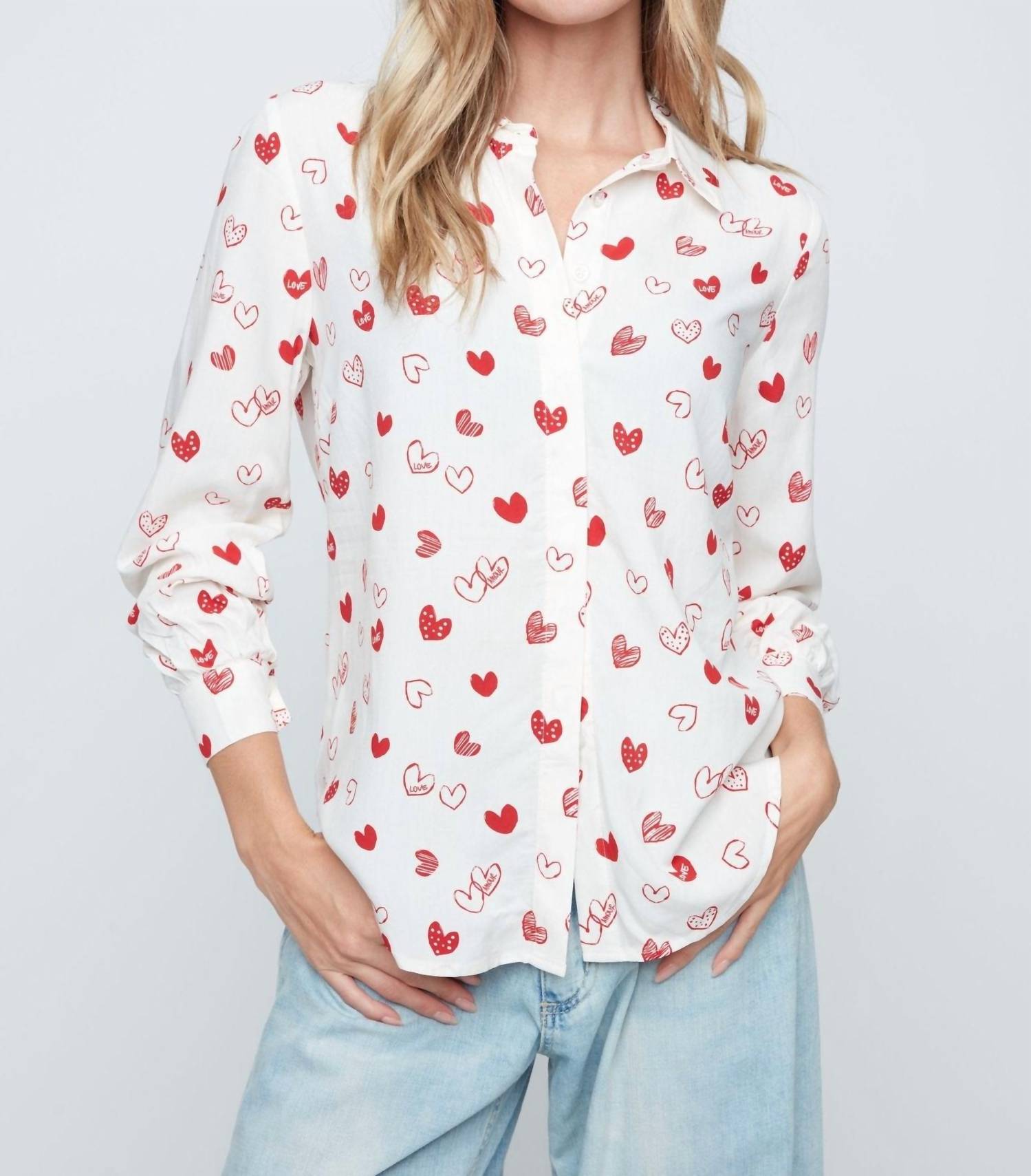 Renuar Heart Prints Button Blouse in scarlet combo - women's blouse